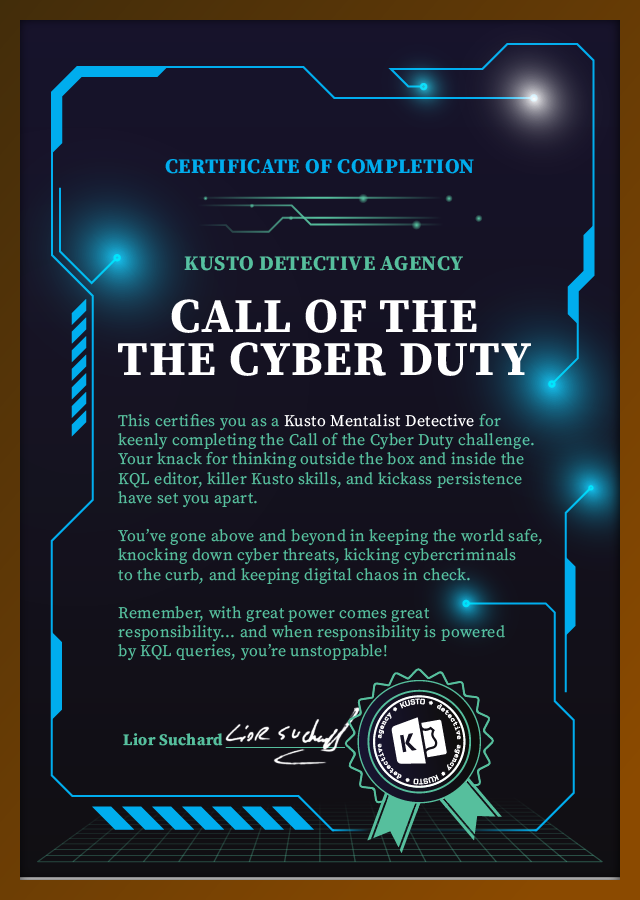 Certificate of completion for Kusto Detective Agency Call of the Cyber Duty challenge