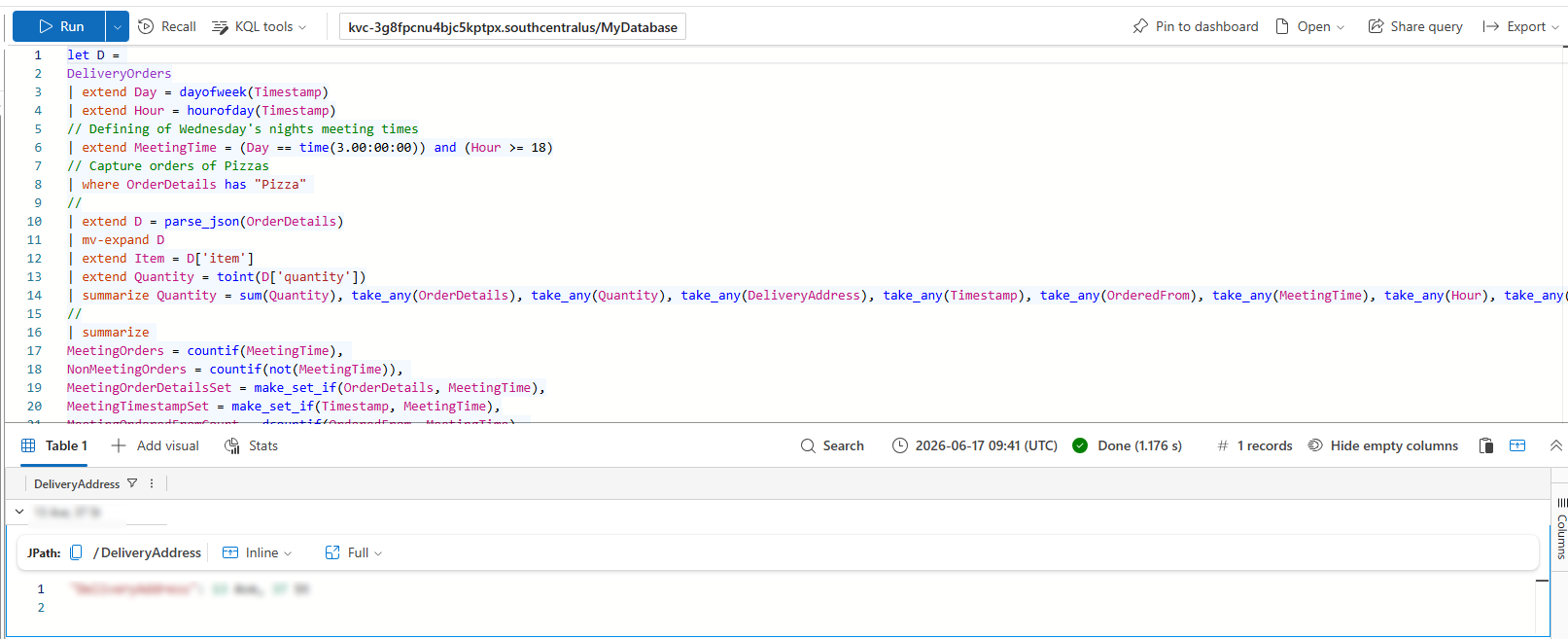 Sanitized screenshot of a Kusto query workspace used for KQL investigation practice