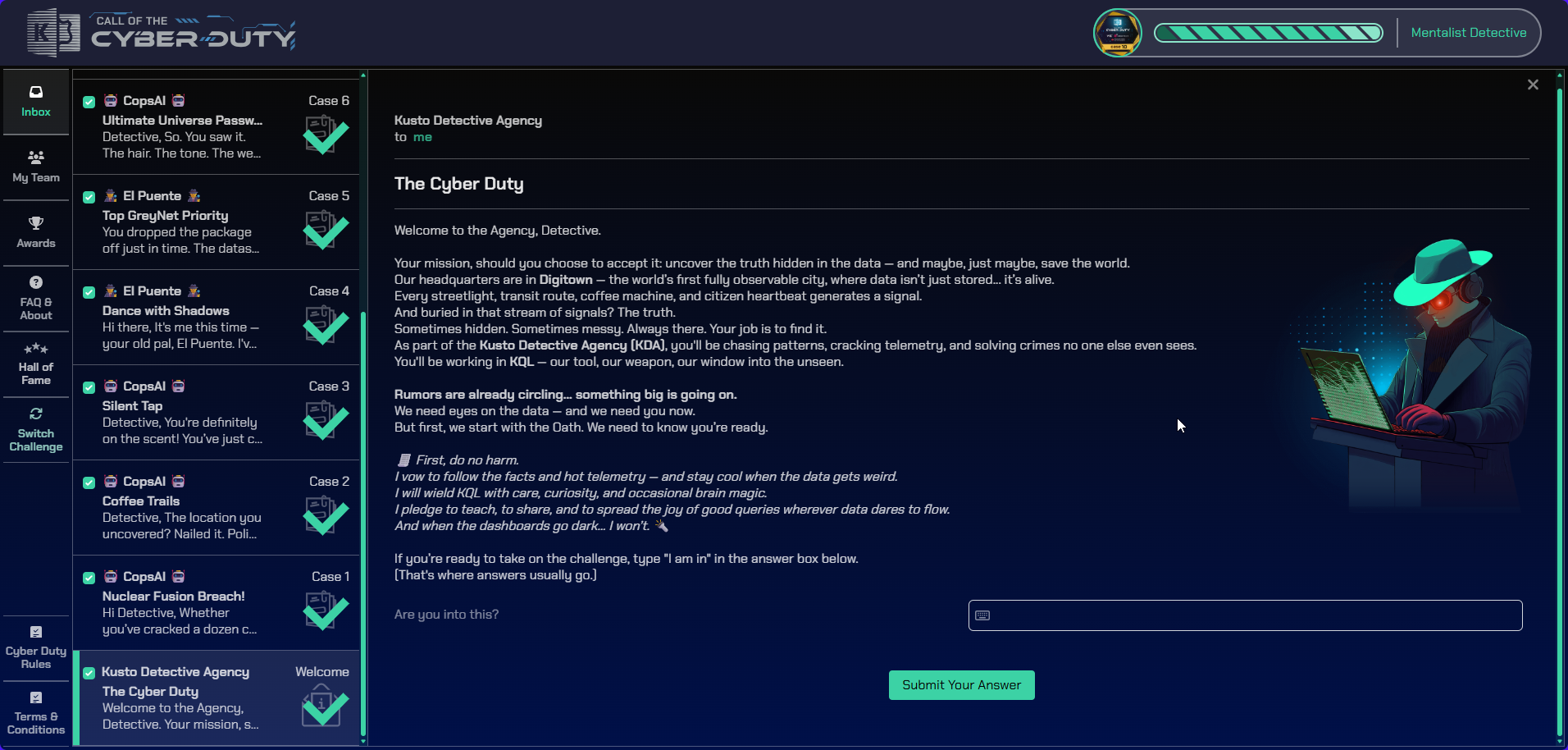 Spoiler-free screenshot showing the Call of the Cyber Duty case progression and investigation workflow