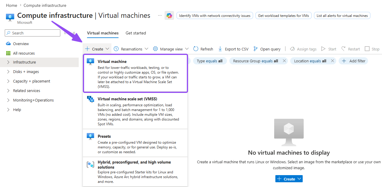 Azure portal Create VM Basics tab with new resource group
