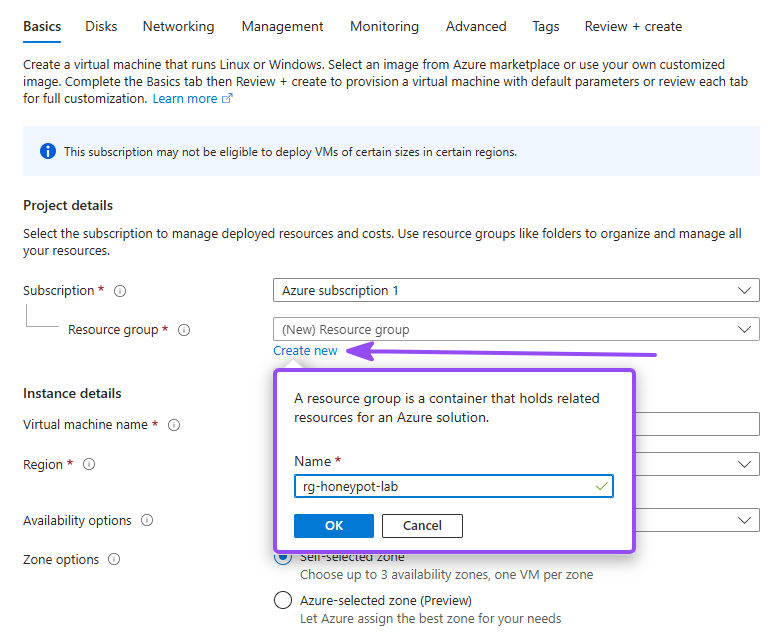 Azure portal Create VM Basics tab with new resource group