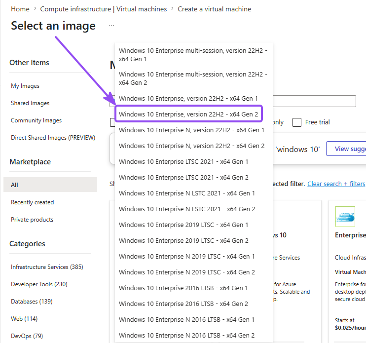 VM image and size selection