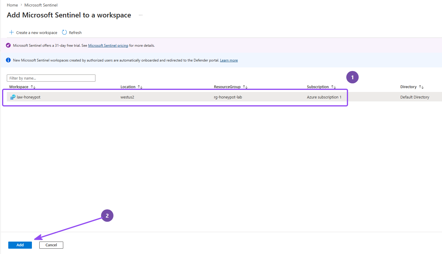 Adding Microsoft Sentinel to the workspace